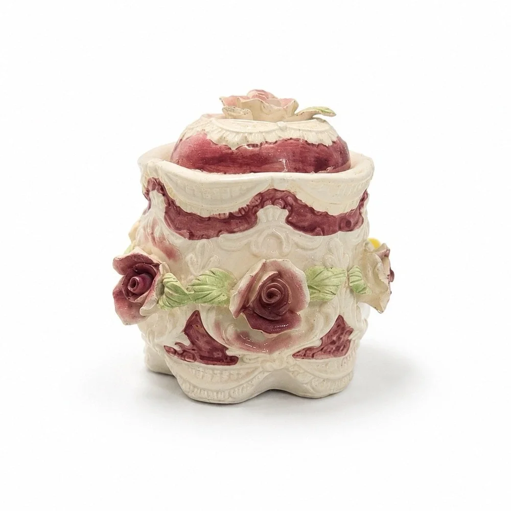 Vintage Ceramic Rose Trinket Box Lidded Jar Victorian Applied Flowers Pink 3'